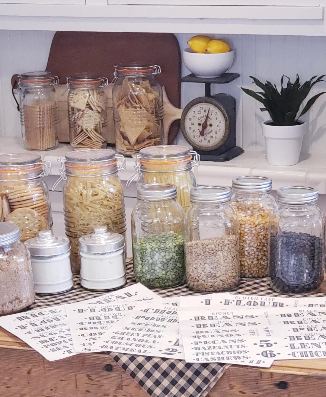 pantry staples in jars with farmhouse pantry labels